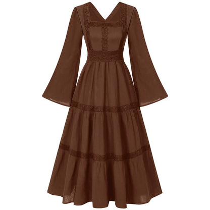 2025 New Beige Halloween/Christmas Square Neck Lace Trim Bell Sleeve Dress for Women, Halloween/Christmas COS Costumes Long Sirt