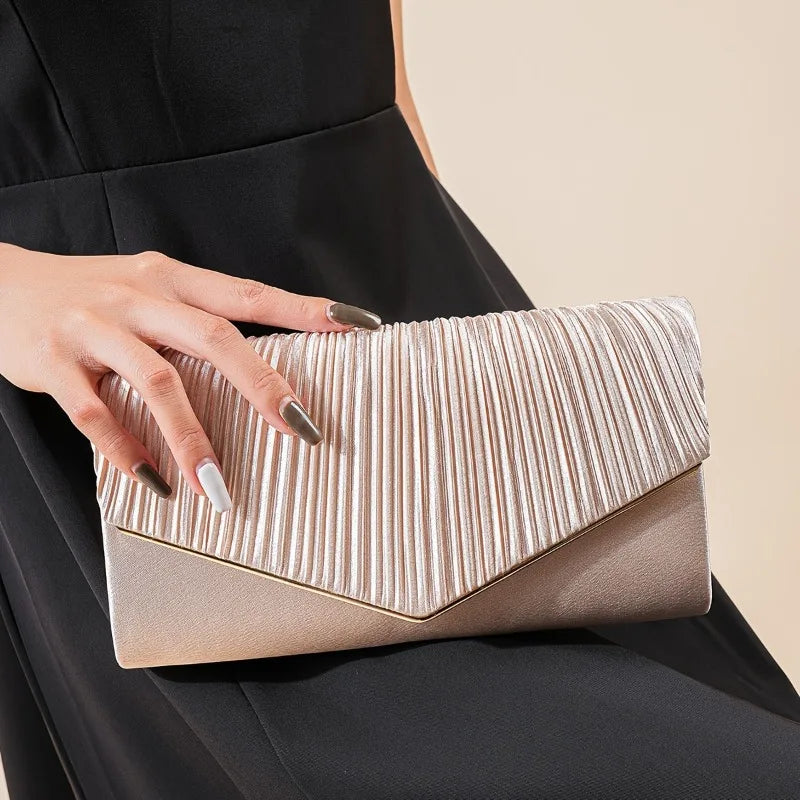 Champagne Pleated Envelope Clutch, Elegant Evening Crossbody Bag with Gold Chain Strap Detachable, for Wedding Formal Events