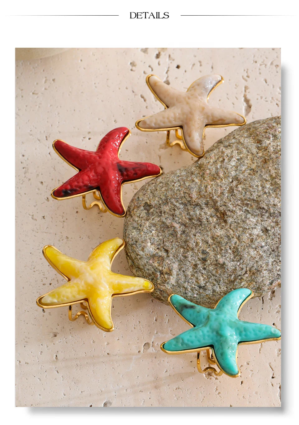 Yhpup 4 Color Ocean Style Acrylic Resin Big Starfish Adjustable Ring Stainless Steel Summer Vacation Jewelry for Women Tropical