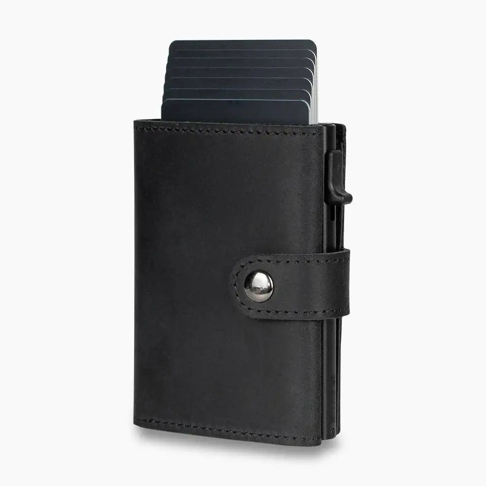 Casekey Men Credit Metal Card Holder RFID Blocking Minimalist Crazy Horse Genuine Leather Pop Up Trifold Wallet with Coin Purse