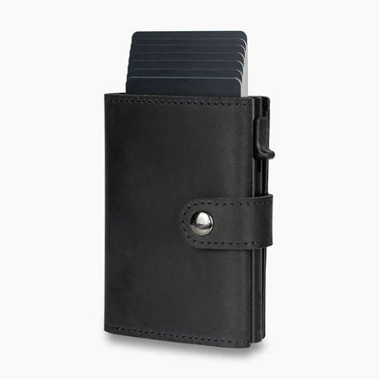 Casekey Men Credit Metal Card Holder RFID Blocking Minimalist Crazy Horse Genuine Leather Pop Up Trifold Wallet with Coin Purse