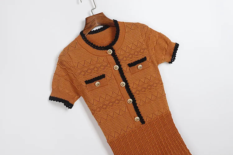 ZJYT Summer New 2026 Fashion Women's Knitted Dress Sweaters Elegant Short Sleeve Mid Calf Casual Holiday Dresses Female Vestido
