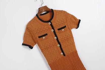 ZJYT Summer New 2026 Fashion Women's Knitted Dress Sweaters Elegant Short Sleeve Mid Calf Casual Holiday Dresses Female Vestido