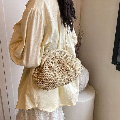 Women Straw Woven Bag Chain Strap Fashion Shoulder Bag Large Capacity Weaving Satchel Bag Solid Color for Party Vacation