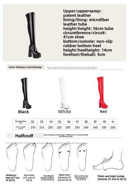 Women Patent Leather Over The Knee Platform Boots Black White Red Double Layer Block Heel Thigh High Boots Plus Size 34-48 23-06