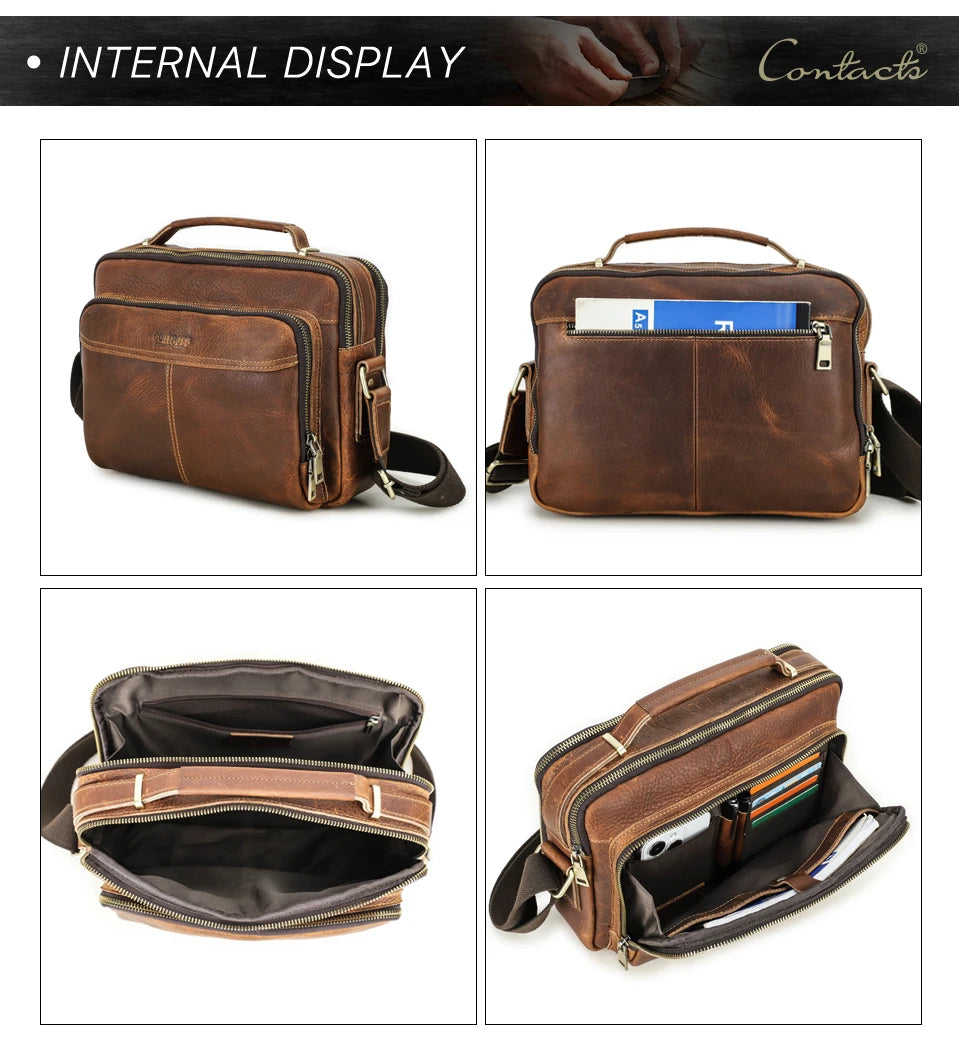 CONTACT'S Crazy Horse Leather Men Messenger Bag Vintage Man Crossbody Bag Handbags Large Capacity Male Shoulder Bags Bolsos