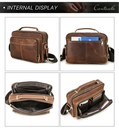 CONTACT'S Crazy Horse Leather Men Messenger Bag Vintage Man Crossbody Bag Handbags Large Capacity Male Shoulder Bags Bolsos