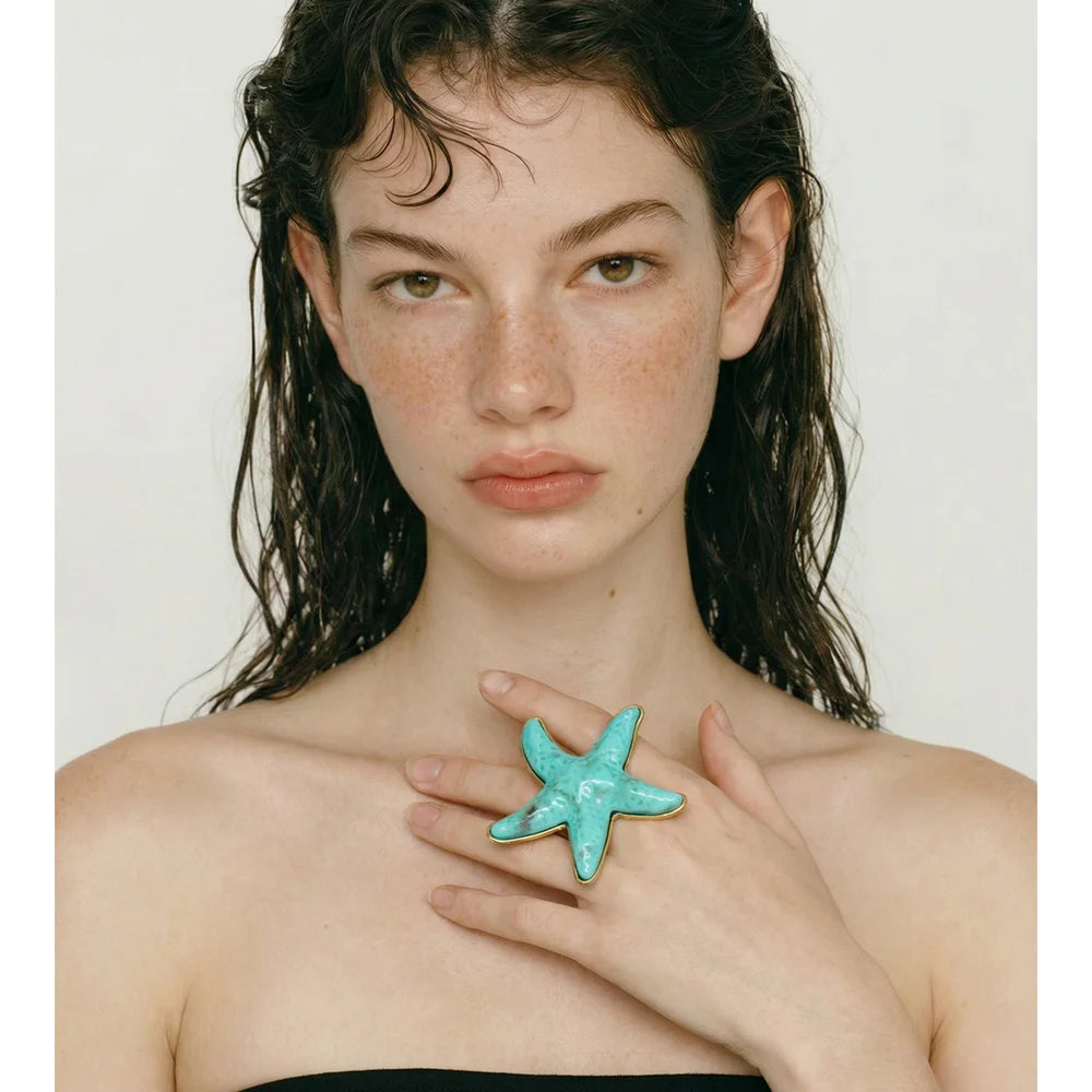 Yhpup 4 Color Ocean Style Acrylic Resin Big Starfish Adjustable Ring Stainless Steel Summer Vacation Jewelry for Women Tropical
