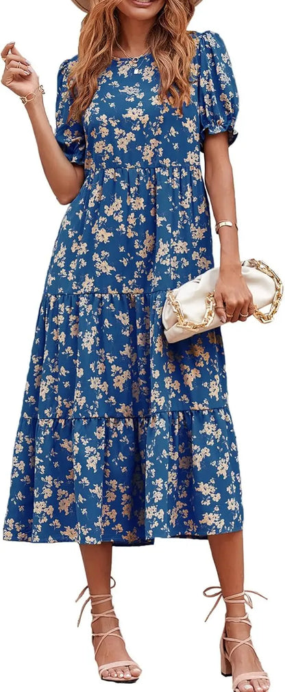 Summer Dresses for Women 2026 Casual Floral Boho Midi Sun DrPuff Short Sleeve Flowy Beach Vacation Sundress