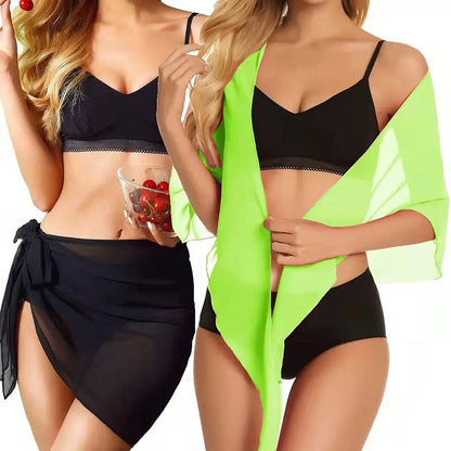 Summer Women Short Solid Sarong Swimsuit Coverups Beach Bikini Wrap Sheer Short Skirt Chiffon Skirt Scarf Swimwear Cover-ups
