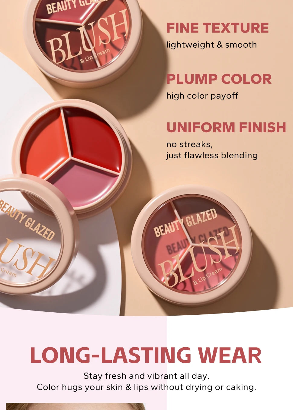 3-color blush palette-cream 2-in-1 multifunctional facial lip makeup, berry, pink, red waterproof