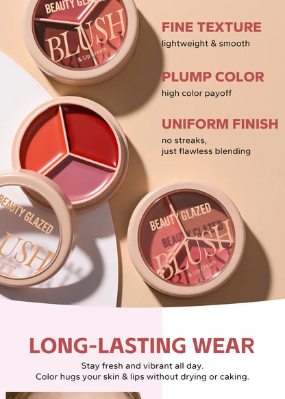 3-color blush palette-cream 2-in-1 multifunctional facial lip makeup, berry, pink, red waterproof