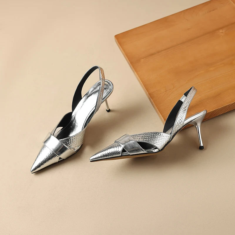 【JOCHEBED HU】Brand Genuine Leather Pointed Toe Slingback Kitten Heel Sandals Women Stiletto High Heels Summer Designer Party