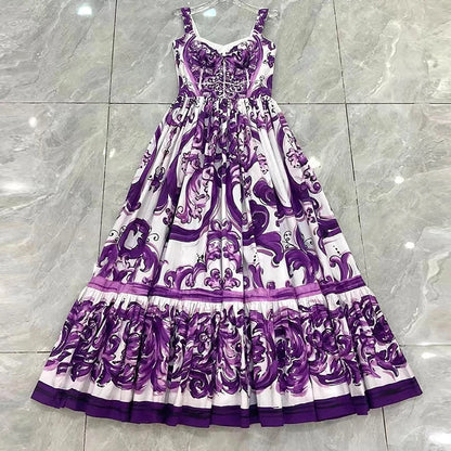 Seifrmann Baroque print Slim Ball Gown Dress Spaghetti Strap Backless Pleated Splicing Casual Holiday A-Line Cotton Dresses