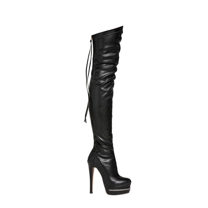Sexy Women Elegant Pointed Toe Over The Knee High Boots Slim Stiletto Heels Platform Zipper Thigh High Party Evening Dress Shoes