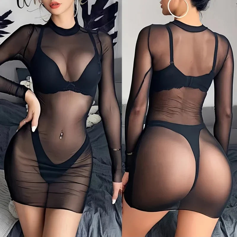 FREEAUCE Ladies Sexy See Through Dresses for Womens Autumn Winter Long Sleeve Casual Party Night Club Wear Mini Dress Plus Size