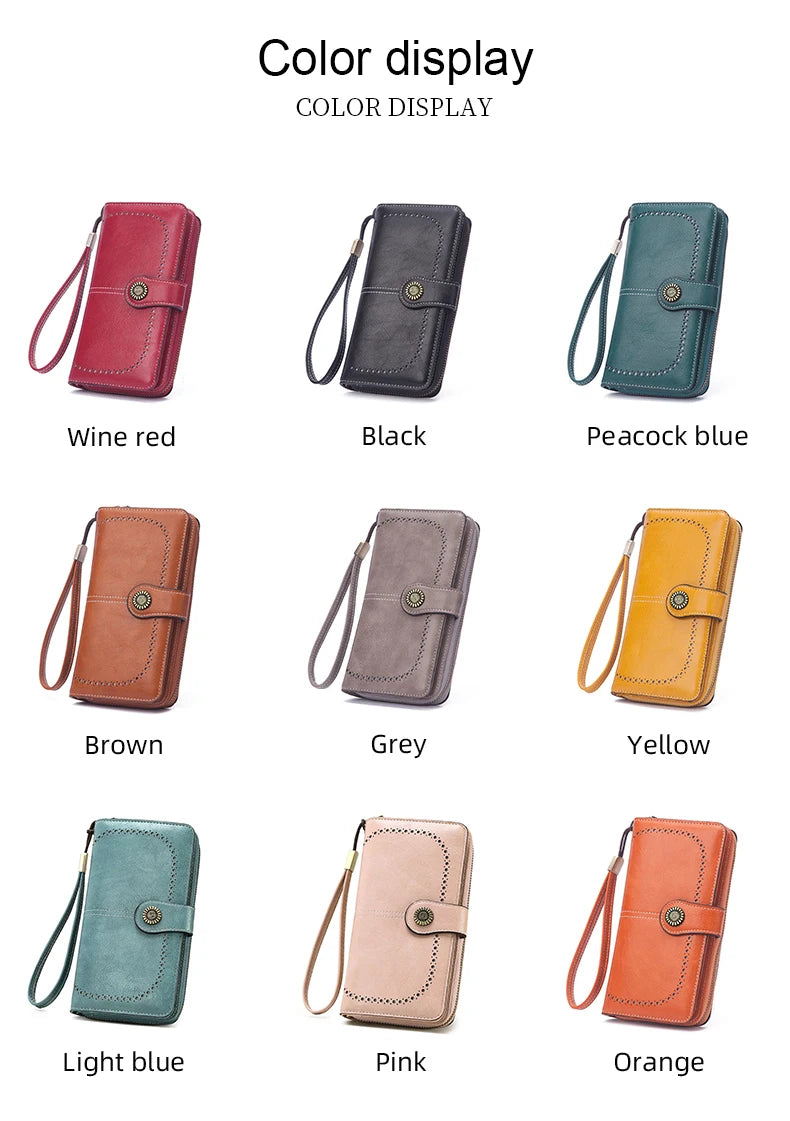 Vintage Large Capacity Women's Purse, Monochromatic, Multi-card, Long Wallet, Multi-function Zipper Strap, Wrist Strap, New