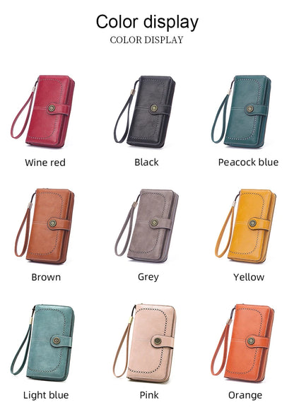 Vintage Large Capacity Women's Purse, Monochromatic, Multi-card, Long Wallet, Multi-function Zipper Strap, Wrist Strap, New