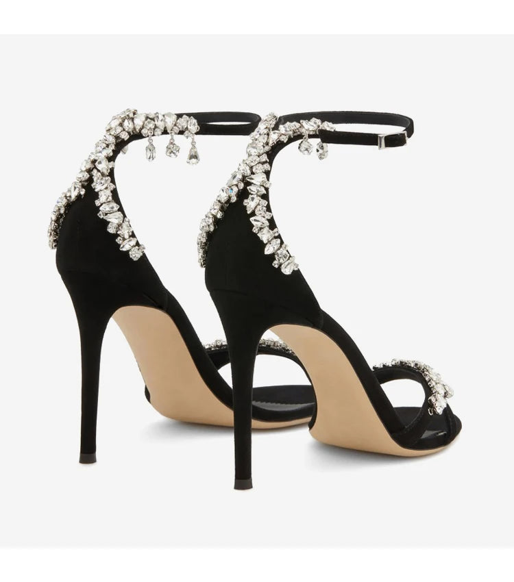 Black High Heels Women's Stiletto Heels Celebrity Style 2024 New Versatile Slotted Buckle Rhinestone Open Toe Round Toe Sandals