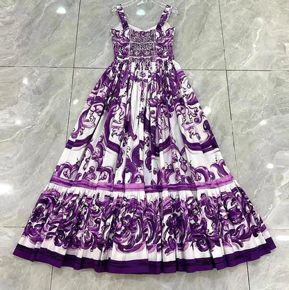 Seifrmann Baroque print Slim Ball Gown Dress Spaghetti Strap Backless Pleated Splicing Casual Holiday A-Line Cotton Dresses