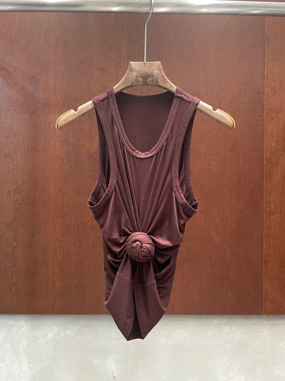 Y2K knotted twist knitted threaded round neck Top women fashionable and versatile navel padded shoulder short-sleeved T-shirt