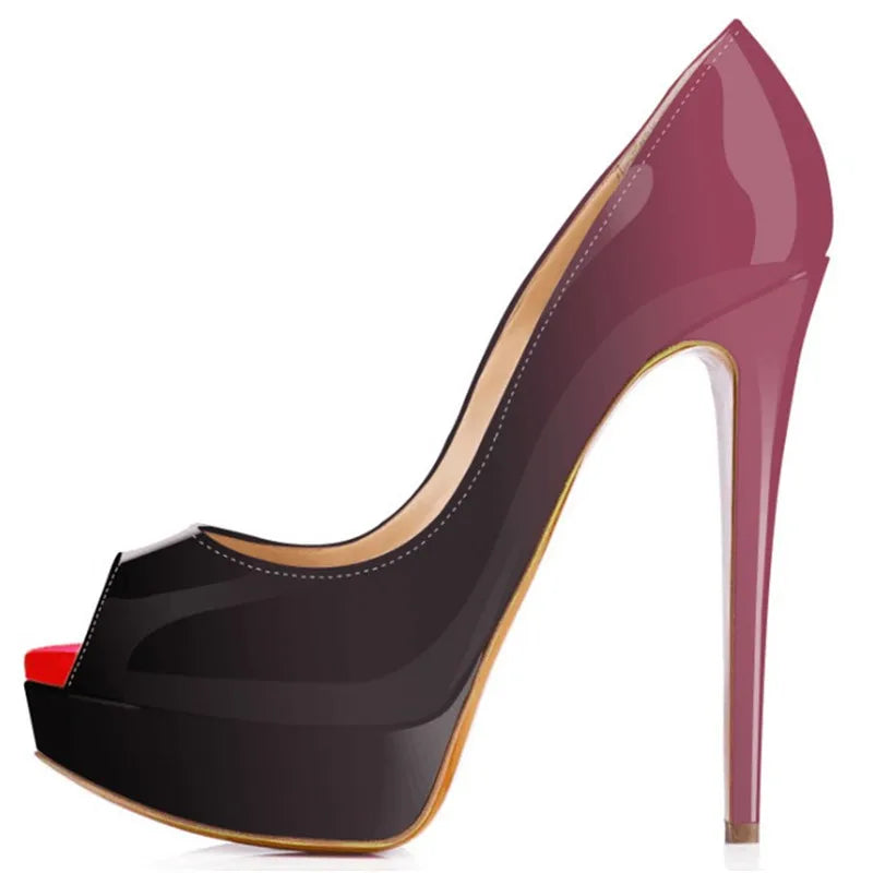 Women Stilettos Sexy Pumps 14cm Extremely Platform Peep Toe High Heels Patent Leather Party Nighclub Dress Red Wedding Shoes