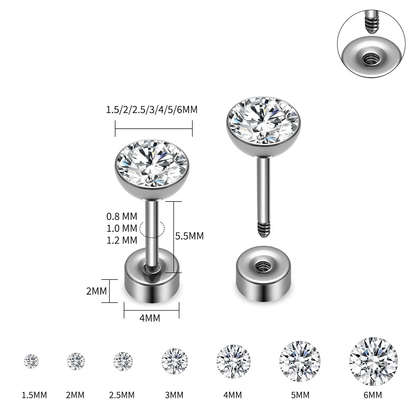 ASTM F136 Titanium Piercing Round Bowl Shaped Screw Labret Earring Set Lip Ring Cartilage Tragus Conch Jewelry Helix Nose Studs