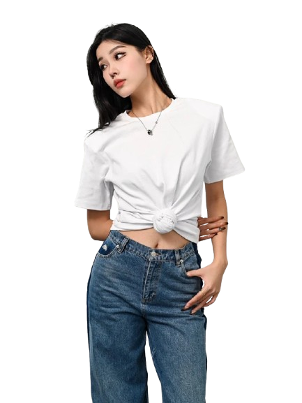 Y2K knotted twist knitted threaded round neck Top women fashionable and versatile navel padded shoulder short-sleeved T-shirt