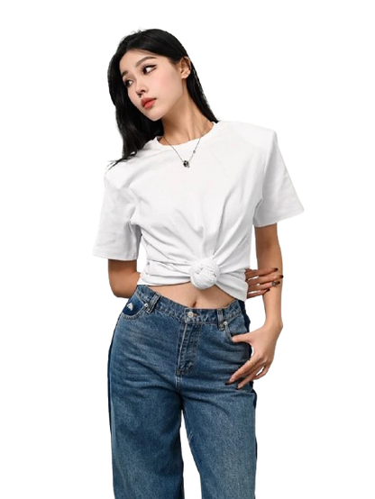 Y2K knotted twist knitted threaded round neck Top women fashionable and versatile navel padded shoulder short-sleeved T-shirt
