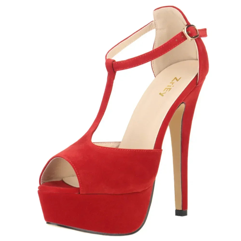 2026 New Women Platform Suede High Heels Sandals 14CM Sexy Peep Toe Ankle Strap Stilettos Pumps T-Strap Party Wedding Shoes