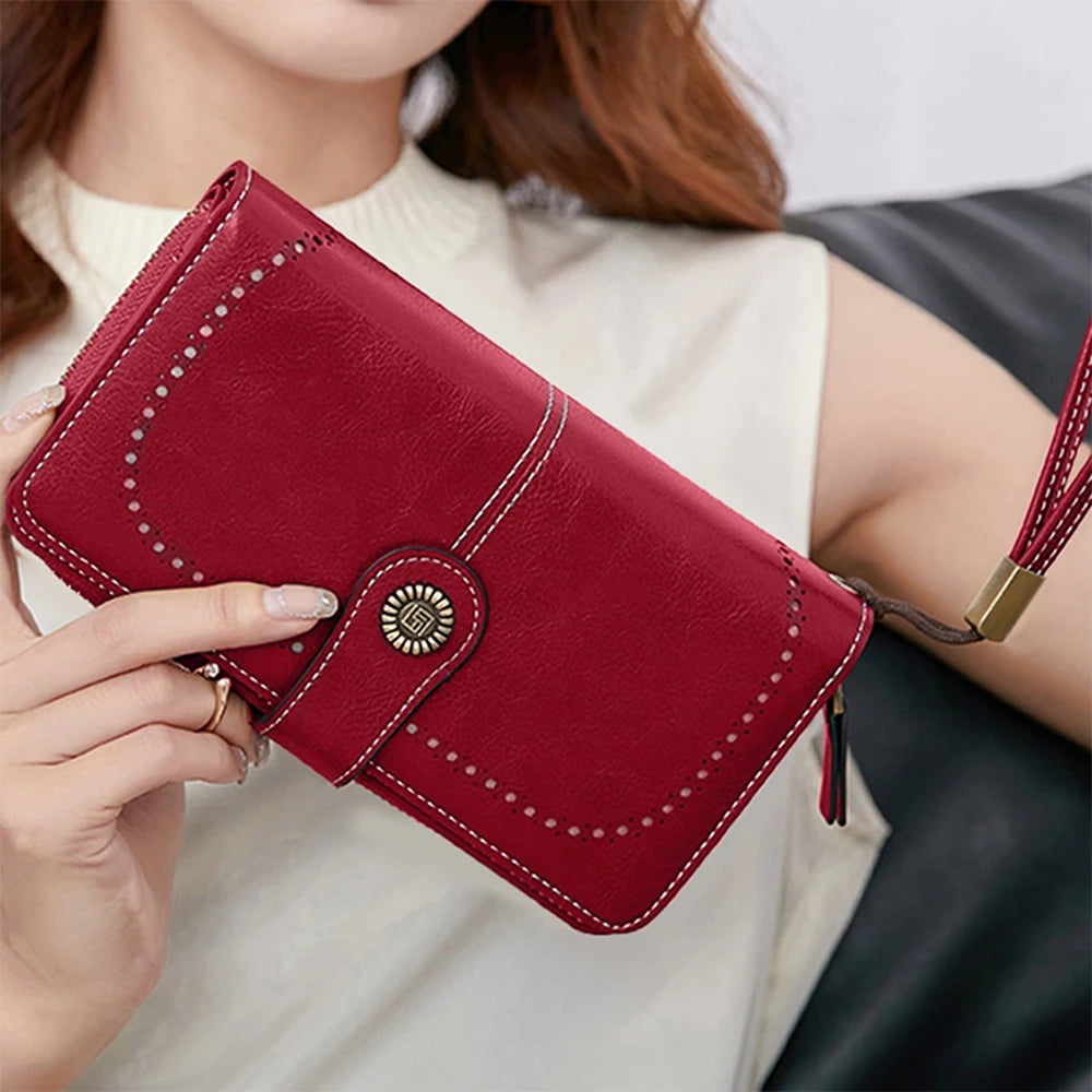 Vintage Large Capacity Women's Purse, Monochromatic, Multi-card, Long Wallet, Multi-function Zipper Strap, Wrist Strap, New