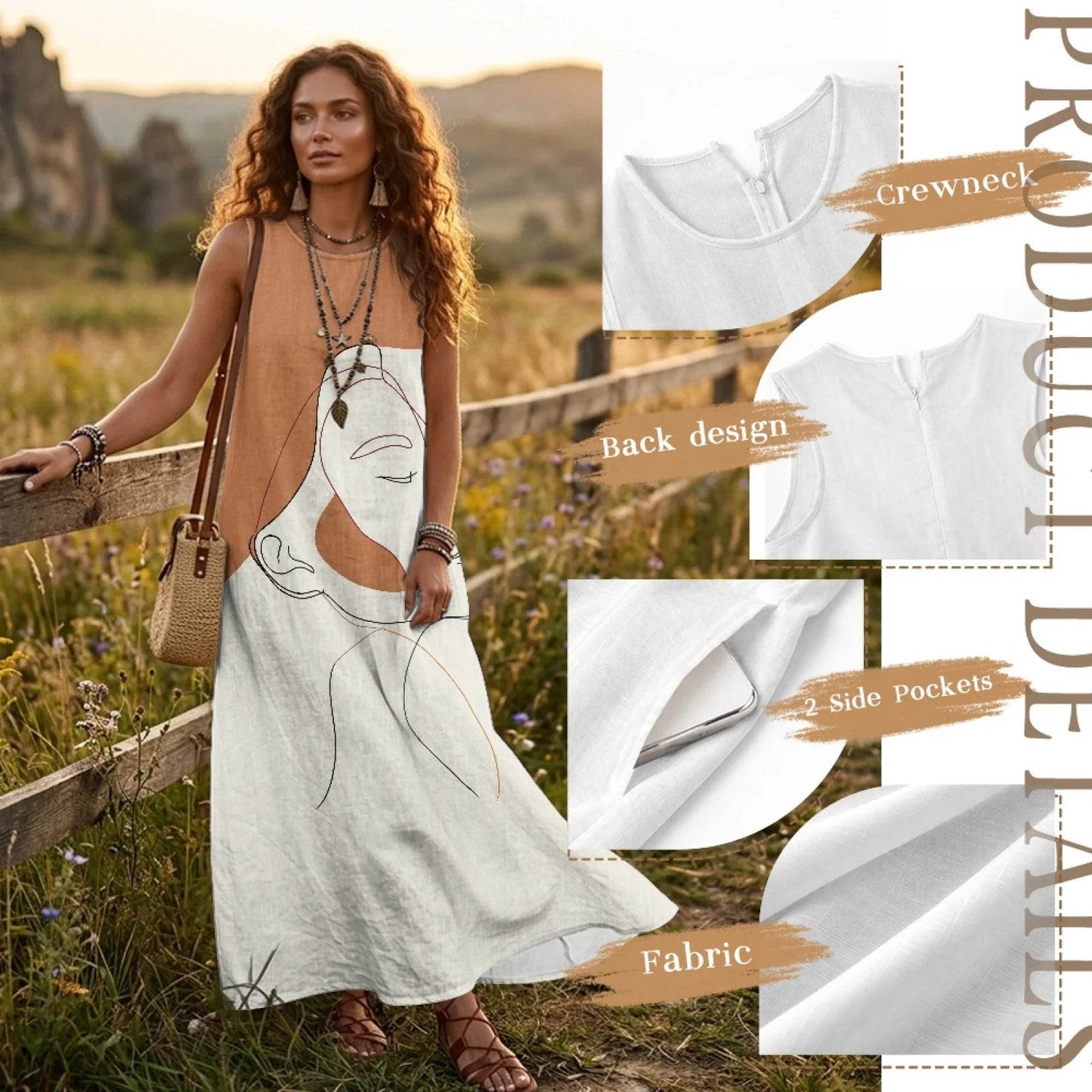 Imitation Linen Loose Vest Long Skirt Artistic Portrait Print O-neck Sleeveless Dress Comfortable Summer Dresses for Women