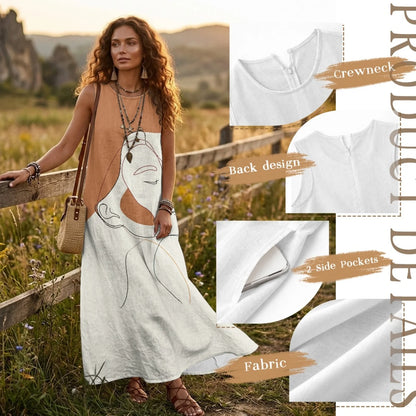 Imitation Linen Loose Vest Long Skirt Artistic Portrait Print O-neck Sleeveless Dress Comfortable Summer Dresses for Women