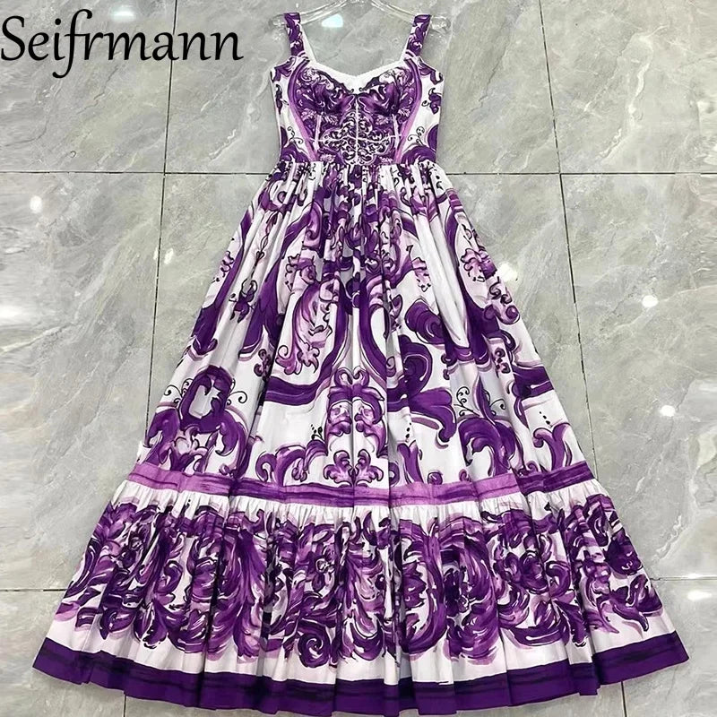 Seifrmann Baroque print Slim Ball Gown Dress Spaghetti Strap Backless Pleated Splicing Casual Holiday A-Line Cotton Dresses
