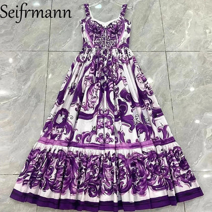 Seifrmann Baroque print Slim Ball Gown Dress Spaghetti Strap Backless Pleated Splicing Casual Holiday A-Line Cotton Dresses
