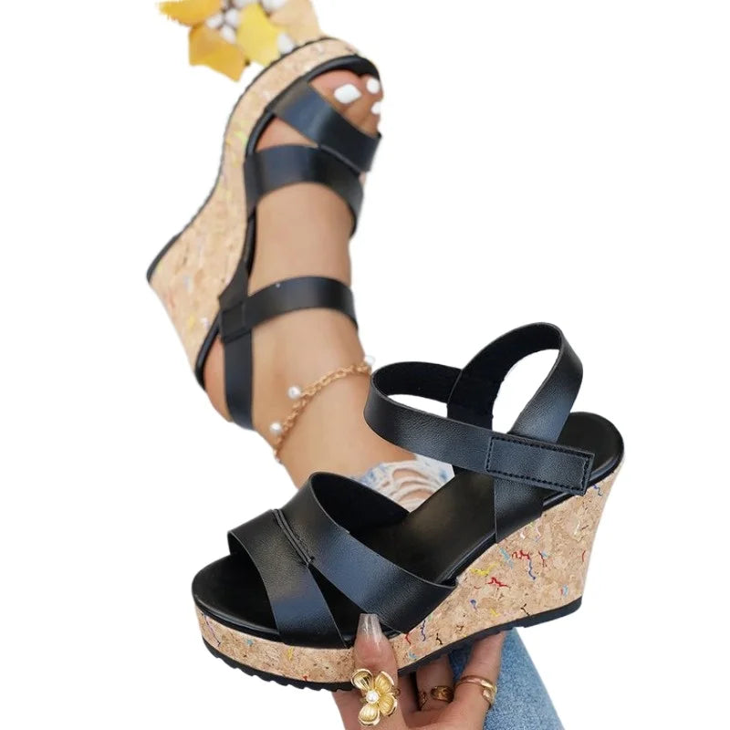 Women's Silver Chunky Platform Sandals 2026 Summer Cork Thick Sole Wedge Sandals Woman Plus Size 43 Pu Leather Casual Shoes