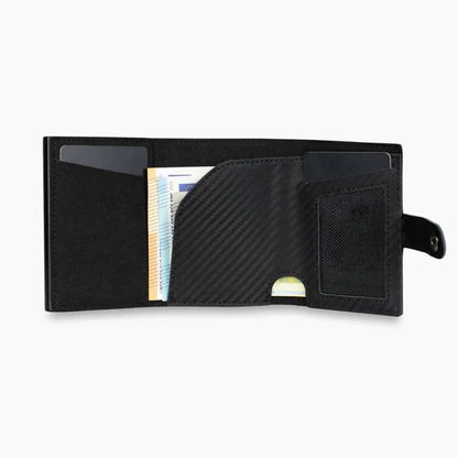 Casekey Men Credit Metal Card Holder RFID Blocking Minimalist Crazy Horse Genuine Leather Pop Up Trifold Wallet with Coin Purse