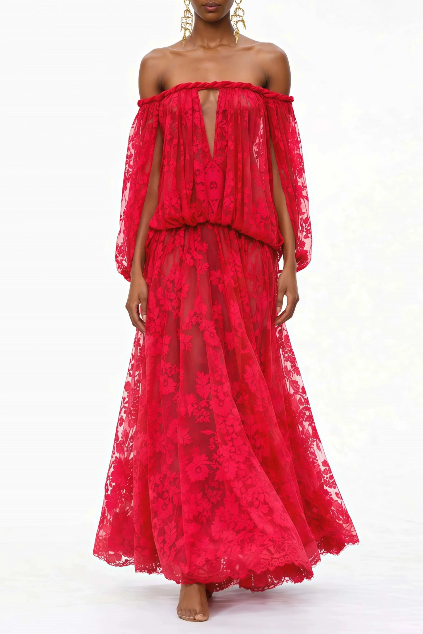 Elegant Luxury Off Shoulder Lace Maxi Dress, Black Sheer Cutout Long Sleeve Gown, Socialite Party Evening Dress For Women