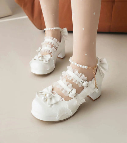Cross Strap Women High Heels Mary Jane Pumps Party Wedding Cosplay White Pink Black Strawberry Bow Princess 2025 Lolita Shoes