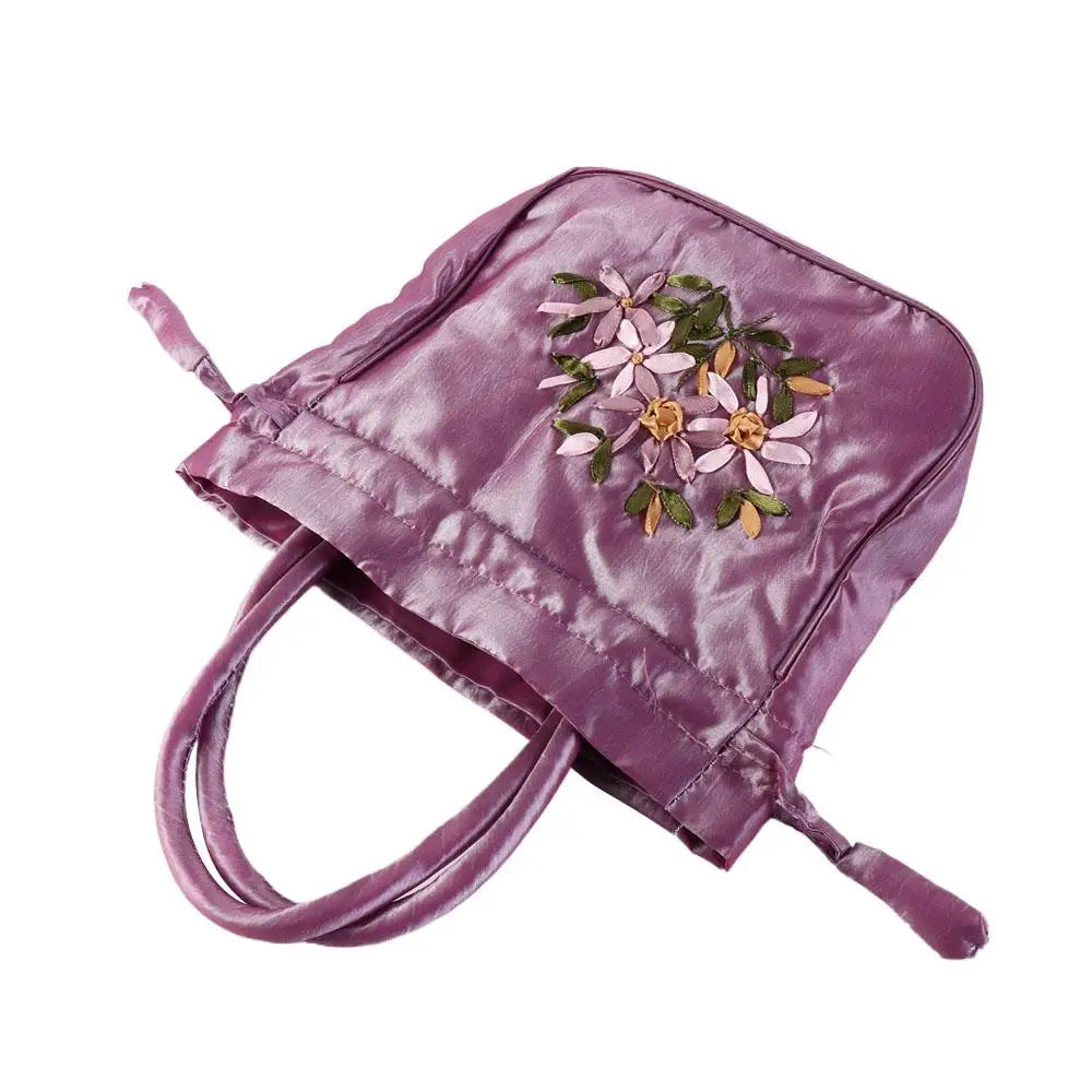 Satin Silk Hanfu Drawstrings Bag Leaf Ethnic Style Embroidery Flower Handbag Cosmetic Makeup Bag Mommy Bag Small Purse Wallet
