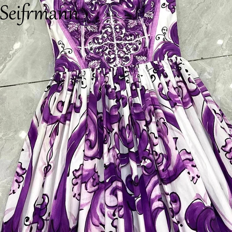 Seifrmann Baroque print Slim Ball Gown Dress Spaghetti Strap Backless Pleated Splicing Casual Holiday A-Line Cotton Dresses