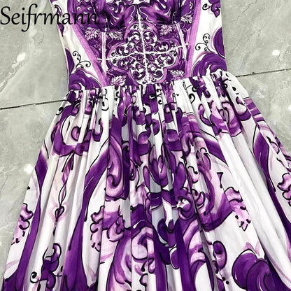 Seifrmann Baroque print Slim Ball Gown Dress Spaghetti Strap Backless Pleated Splicing Casual Holiday A-Line Cotton Dresses