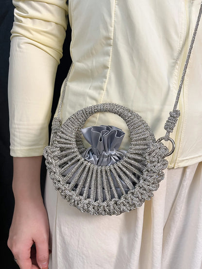 Niche design full diamond shiny small round bag for women 2025 socialite dinner bag casual versatile handbag rhinestone bag