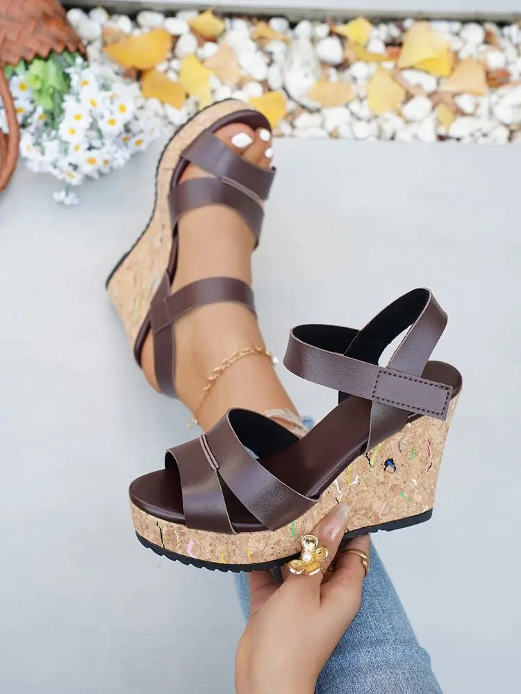 Women's Silver Chunky Platform Sandals 2026 Summer Cork Thick Sole Wedge Sandals Woman Plus Size 43 Pu Leather Casual Shoes