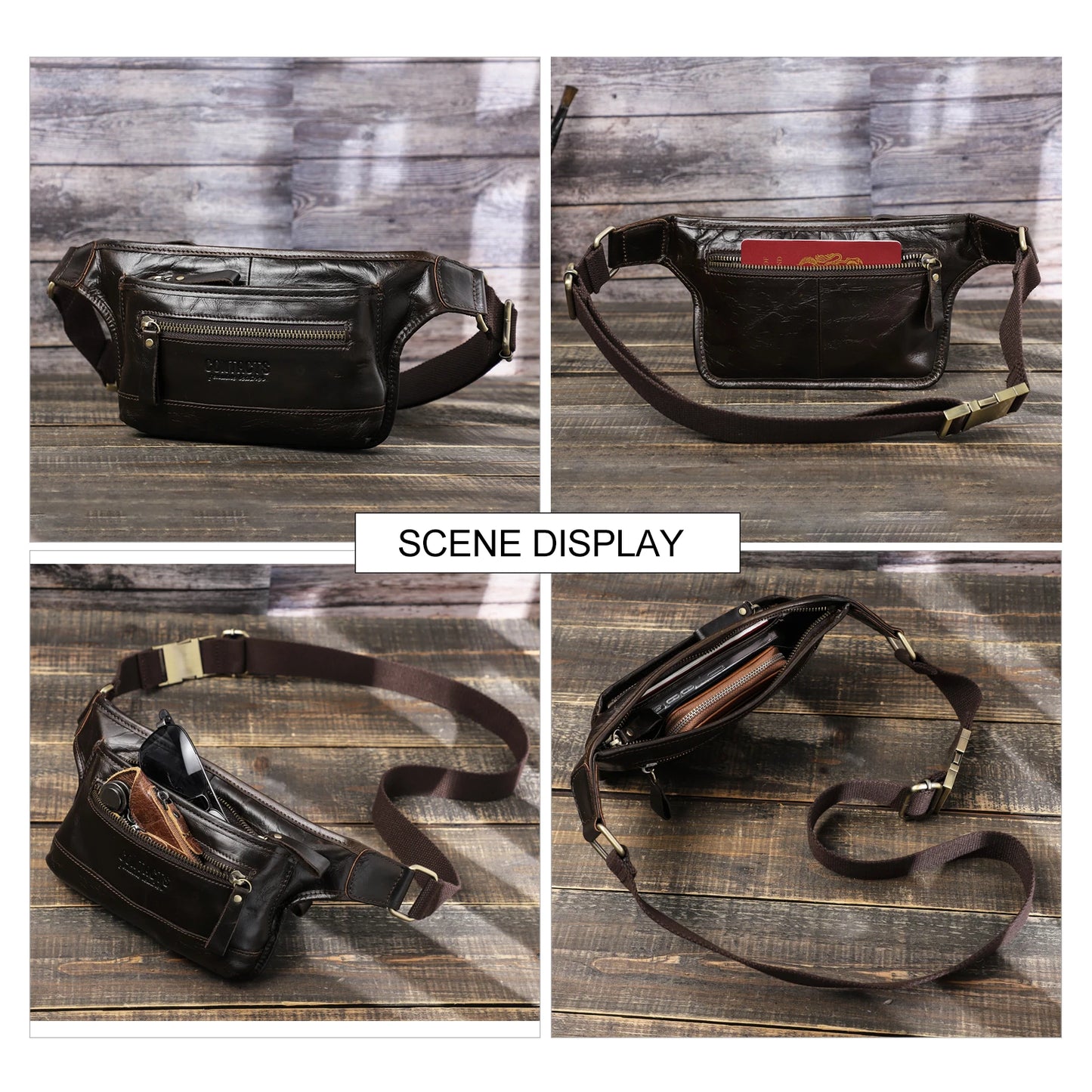 CONTACT'S Genuine Leather Waist Bags for Men Customize Waist Packs Crossbody Bag Phone Pocket Name Engraving Male Travel Bags