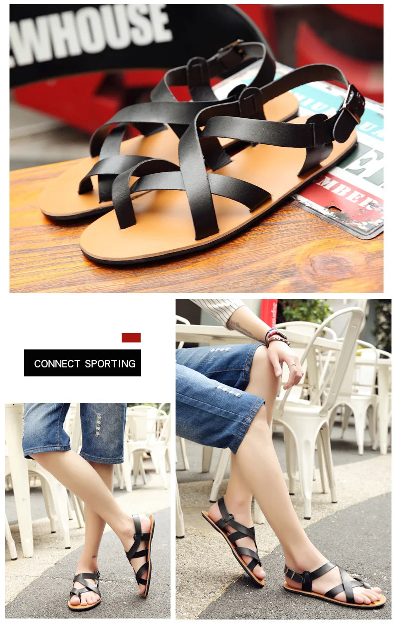 New Summer Men Sandals Leather Vintage Flat Heel Solid Buckle Beach Gladiator Sandals Shoes Breathable Men Flip Flops Sandals