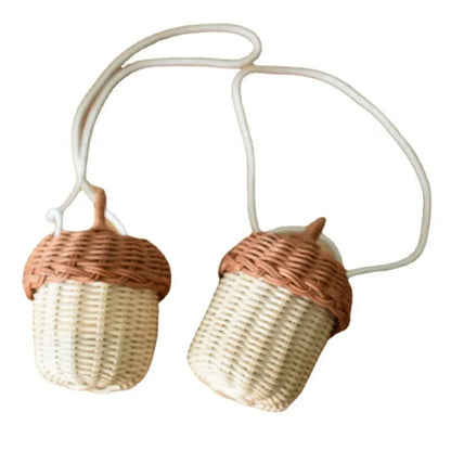 Creative Acorn Shaped Diagonal Cross Bag Storage Basket Hand Woven Circular Rattan Bag Beach Style Woven Shoulder Bag Photo Prop