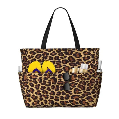Leopard Print Large Waterproof Beach Bag for Women Sandproof Tote Bag Pool Bag with Zipper and Pockets for Travel Vacation Gym