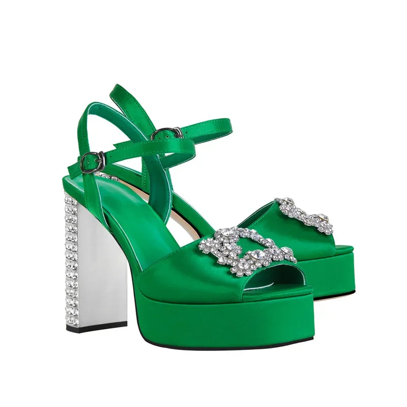 Square Headed Satin Banquet Sandals 2026 New Rhinestone Thick Heel High Heels 35-43 Leather Waterproof Platform Show Women Shoes