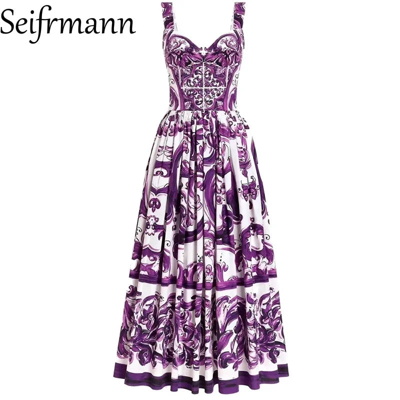 Seifrmann Baroque print Slim Ball Gown Dress Spaghetti Strap Backless Pleated Splicing Casual Holiday A-Line Cotton Dresses